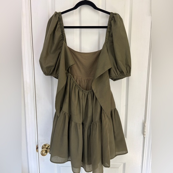 Showpo Olive Army Green Puff Sleeve Tie Back Ruffle Tiered Dress Size 6 - Picture 3 of 8